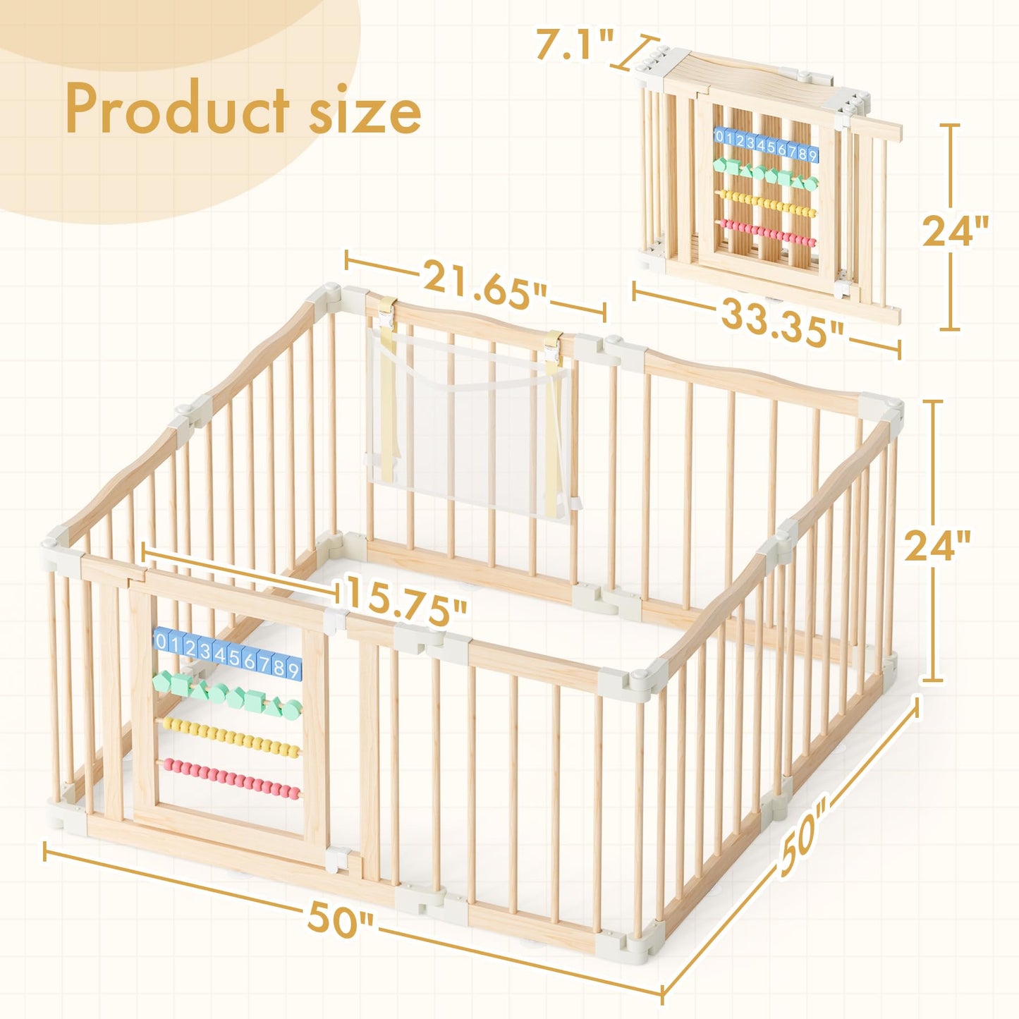 Atoping Wooden Baby Playpen 50 × 50 Inches, Foldable Playpen Fence with Cute Digital Blocks & Storage Bag, Wooden Baby Gate, Multi-Shape Play Yard for Babies and Toddlers Indoor Outdoor