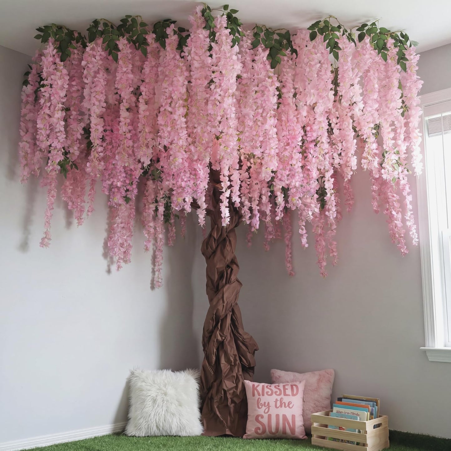 Giegxin DIY Wisteria Tree Hanging Flowers Branches 3D Paper Blossom Tree for Home Classroom Wall Spring Decor Fake Ceiling Flowers 20 Wisteria Branches for Indoor Bedroom Forest Background(Pink)
