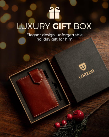 LORZOR Slim Wallet for Men with Security Latch, Pop Up Metal Card Holder Wallet, Finest Full Grain Leather Bifold Wallets, Smart, Minimalist, RFID Blocking, Front Pocket, ID Window