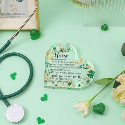 Kathfly Nurse Appreciation Gift for Women, Floral Inspirational Acrylic Sign Prize Thank You Nurse Week for Graduation, Hospital Practitioner Gift for Women Teacher Table Desk Decor(Heart,Green)