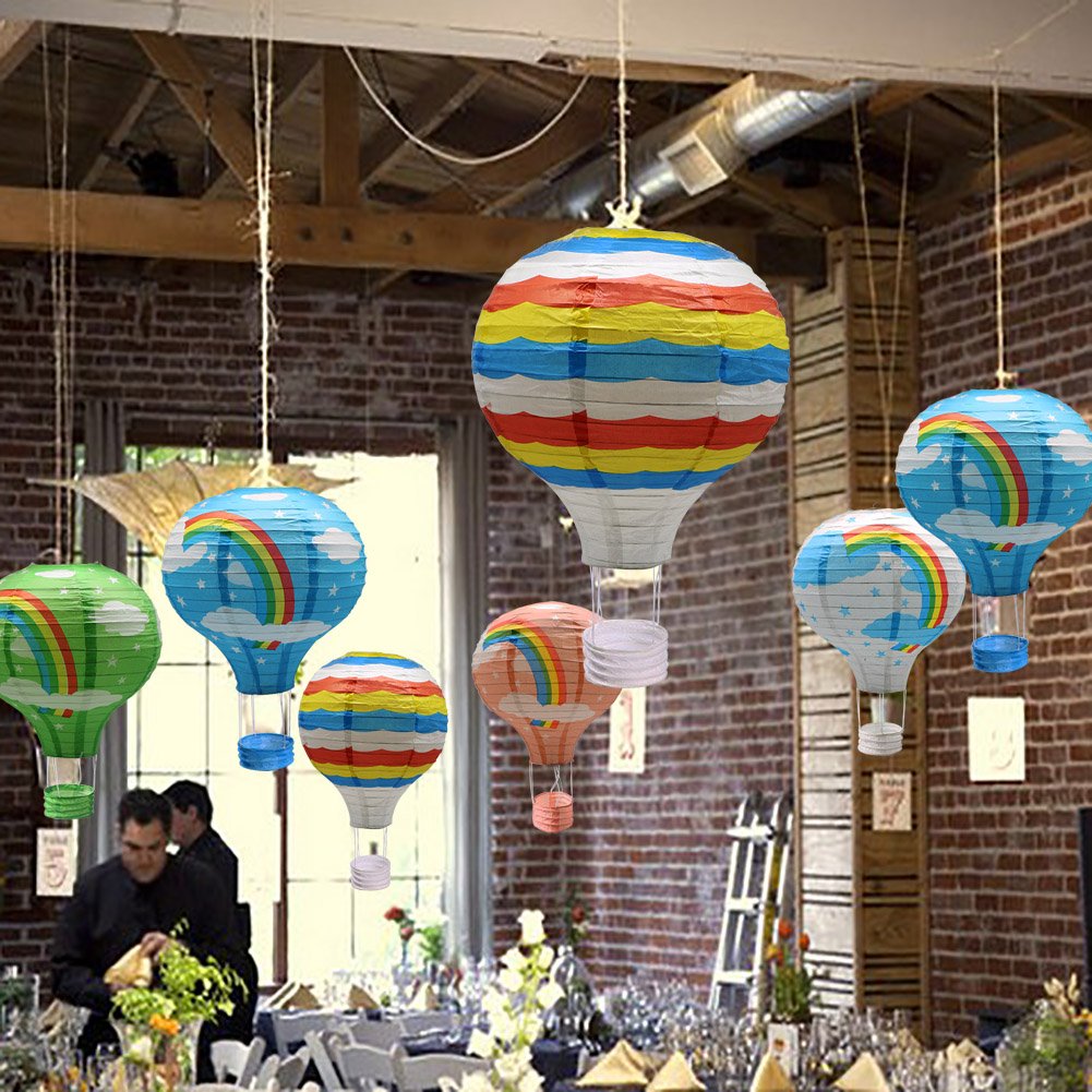 Hanging Rainbow Hot Air Balloon Paper Lanterns Set Party Decoration Birthday Wedding Christmas Party Decor Gift, 12 inch, Pack of 5 Pieces