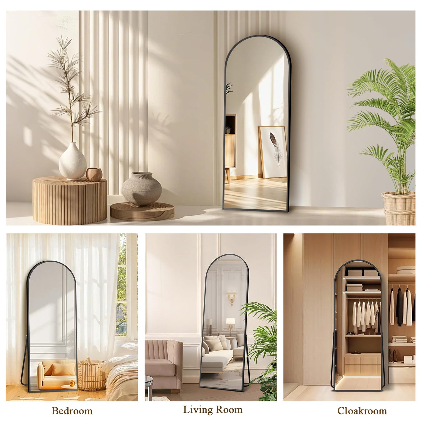 TRUNBACK 56"x18" Full Length Mirror with Stand, Shatterproof Arched Floor Mirror, Aluminum Alloy Thin Frame - Freestanding/Leaning/Wall Mount for Bedroom, Living Room & Entryway (Black)