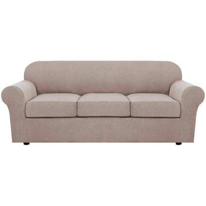 H.VERSAILTEX 4 Piece Stretch Sofa Covers for 3 Cushion Couch Covers for Living Room Slipcovers (Base Cover Plus 3 Seat Cushion Covers) Upgraded Thicker Jacquard Fabric (Sofa, Sand)
