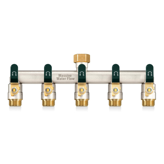 5 Way Hose Splitter, Heavy Duty Full Flow Garden Hose Splitter with 4 Large Metal Handles, Brass Water Hose Bib Splitter, T Adapter Connector with 3/4 - Inch GHT Thread (Green)