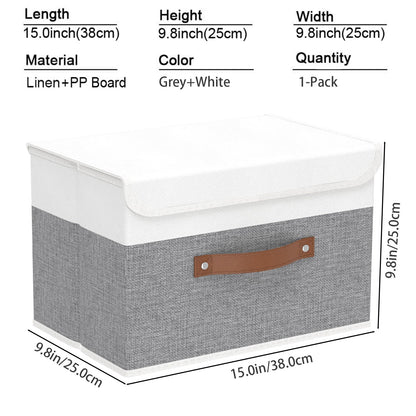 Yawinhe Storage Boxes with Lids, Linen Fabric Bin, Cube Organizer Basket, Washable and Leather Handle, for Home, Closet, White/Grey, 15.0''Lx9.8''Wx9.8''H, 1-Pack, USNK024WGL-1