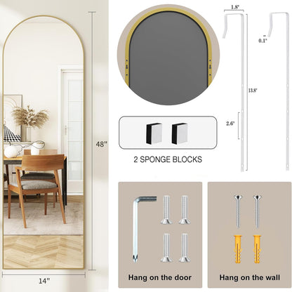 JAWGLOW Arched Full Length Door Mirror 14x48, Metal Frame with Protective Film, No-Drilling Hanging or Wall Mount, Hooks & Hardware Included, Full Body Mirror for Bedroom, Dorm, Gold