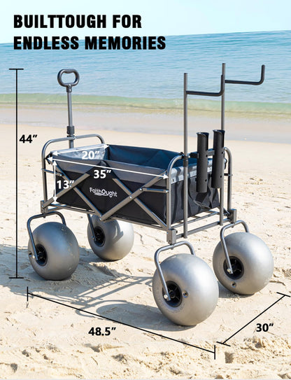 13" Balloon Bubble Wheel Beach Cart Collapsible Wagon with Big Fat All Terrain Inflatable Air Tire, Large Outdoor Wagon & Fishing Cart with Balloon Tire, Dolly with Big Wheels for Sand Camping (Black)