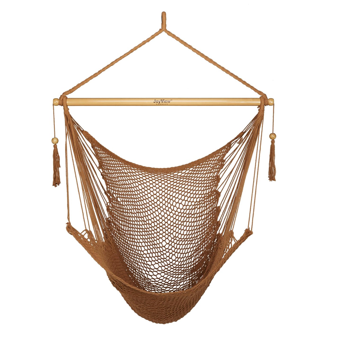 JoyView Hammock Chair with Spreader Bar Caribbean Hammock Swing Chair 300 LBS Weight Capacity XL Rope Hanging Chair for Outdoor Indoor Garden Yard - Brown