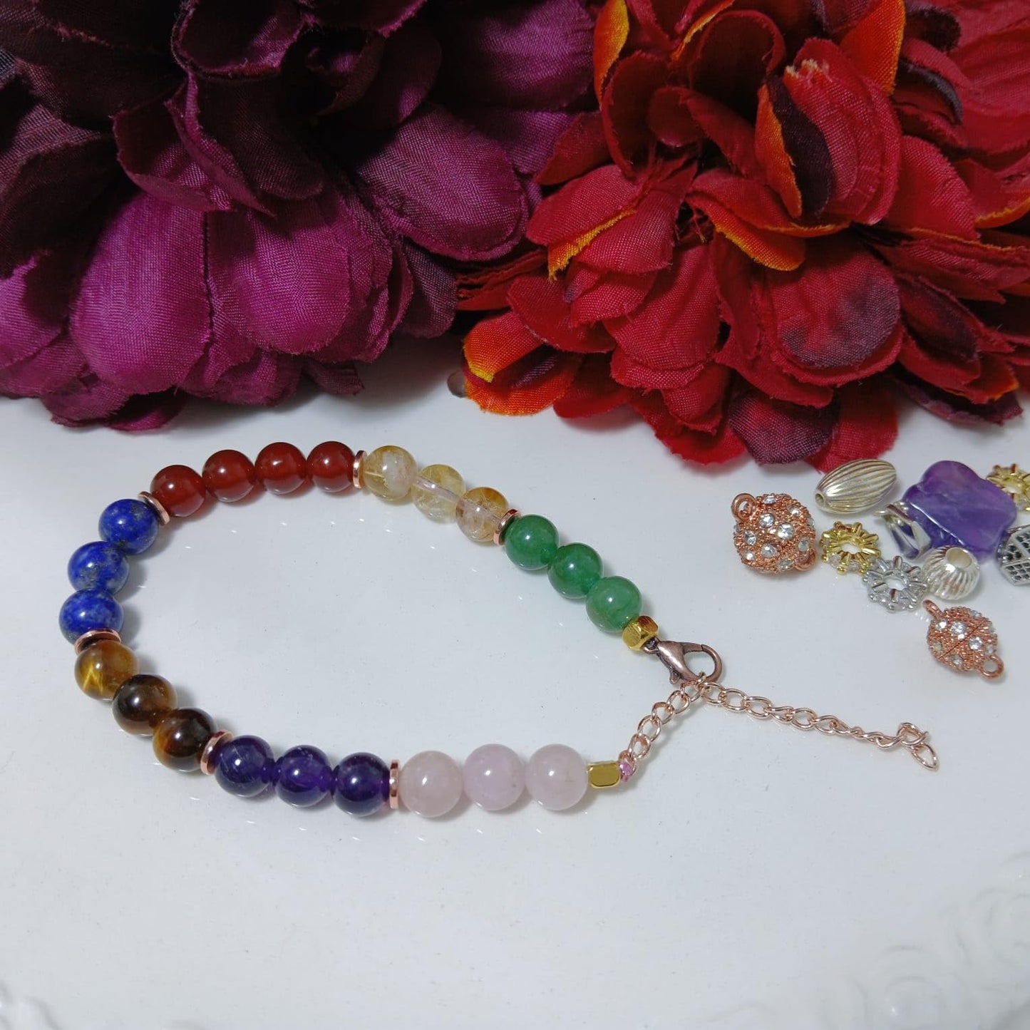 7 Chakra Bracelet (Tiger's Eye, Citrine, Aventurin, Amethyst, Lapis Lazuri, Quartz, Red Jasper, Ring Hematit) Adjustable Chain & Elastic Cord Beaded Bracelet (Durable and Comfortable)