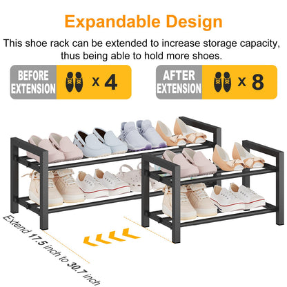 Detsuk 2-Tier Expandable Shoe Rack (17.5"-30.7") – Adjustable Heavy-Duty Metal Shoe Organizer Shelf for Closet, Entryway, Mudroom & Garage – Durable Freestanding Storage, Black