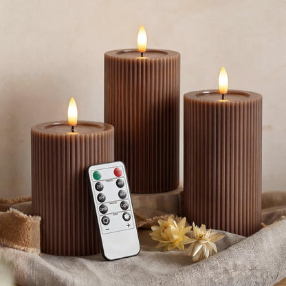 WYZworks Fluted Ribbed LED Pillar Candles, Brown, with Realistic Reflective Melted-Wax Effect – Flickering Flame, Remote, Dimmable, Flameless, Battery Operated, Home & Wedding Decor (Set of 3)