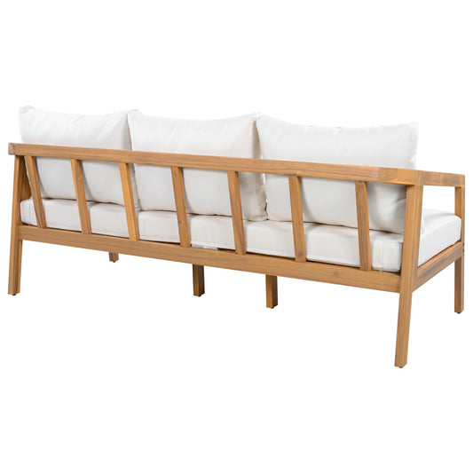 Christopher Knight Home Sures 5-Seater Patio Furniture Set with Removable Cushion, 4 Piece Outdoor Acacia Wood Conversation Set, Sold Wood Outdoor Sectional Sofa Set with Coffee Table, Natural+Beige