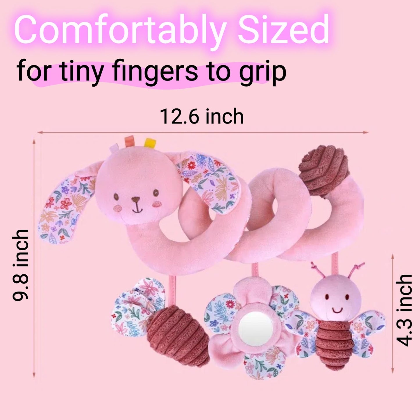 chochumy Spiral Car Seat Toy for Babies 0-6-12 Months Girl, Stroller Hanging Baby Toys 0-3-4-5-6-7-8-9-12 Month Old Newborn Infant Toddler Rabbit Gifts Travel Carseat Mirror Crinkle Bunny Accessories