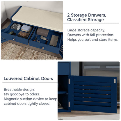 WARMHONIU Shoe Storage Bench with 2 Drawers, Entryway Bench with Cushion, Adjustable Shelves, Shoe Rack Bench with Louvered Doors for Entryway, Bedroom, Hallway, Blue