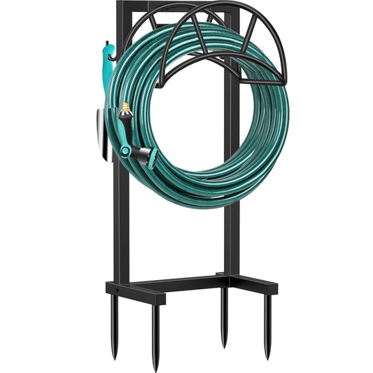 TomCare Garden Hose Holder 4 Spikes Garden Hose Reel Hose Stand Upgraded Water Hose Storage with Tool Hooks Garden Hose Hanger Organizer Holds 160ft Hoses for Outside Yard Lawn, Black