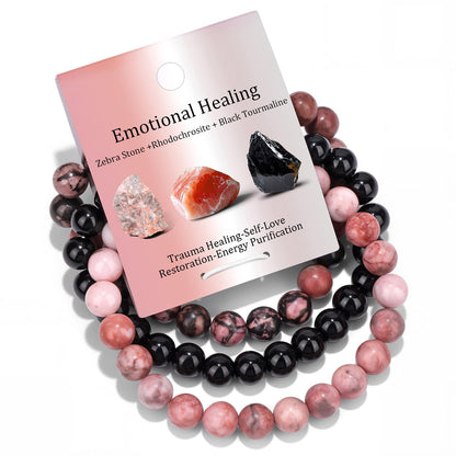 Vinswet Healing Crystal Bracelets for Women Men 8mm Zebra Stone Rhodochrosite Black Tourmaline Natural Stone Beaded Stretch Bracelet Handmade Gemstone Reiki Spiritual Jewelry Gifts