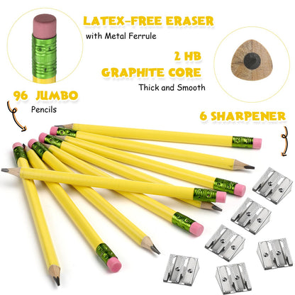 Fainne 102 Pieces Jumbo Pencils Set for Kids Toddlers 96 Thick Fat Large Pencils with Erasers 6 Sharpeners Bulk for Preschool Kindergarten Elementary School Classroom(Yellow,Triangle)