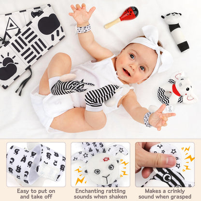 Dreamon 32PCS High Contrast Black and White Baby Sensory Toys, Newborn Tummy Time Toys with Rattle, Soft Book & Flash Cards, Montessori Infant Toys for 0-12 Months Boys Girls Shower Gifts