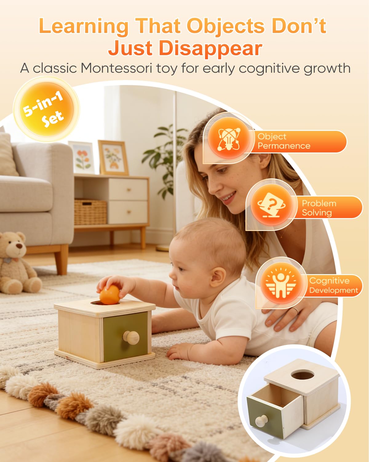 Montessori Toys for Babies 0-6 6-12 Months, Sensory Developmental Baby Toys, Tummy Time Toy - 5 in 1 Wooden Learning Toy Set, High Contrast Cards, Mirror & Spinning Drum for Newborn Infant Gift
