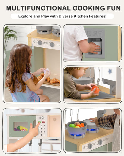 Babytronic Kids Play Kitchen, Wooden Kitchen Playset for Kids Ages 3+ with Real Lights, Sounds, Stove, Sink, Oven, and 30 Pcs Accessories, Toys Kitchen Small Pretend Play Kitchen for Toddlers (Green)