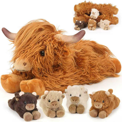 5PC Highland Cow Stuffed Animals with Babies Inside, 1 Mommy Highland Cow Plush & 4 Surprise Babies, Cute Plush Toy for Kid Boys Girls Ages 3 4 5 6 7 8, Gift Ideal for Christmas, Valentine's, Birthday