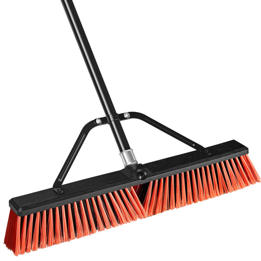 JEHONN 24” Wide Push Broom Outdoor Heavy Duty with 63 inches Long Handle, Stiff Bristle Commercial Industrial Brush for Garage Warehouse Shop Garden Patio Deck Yard Street (Red)