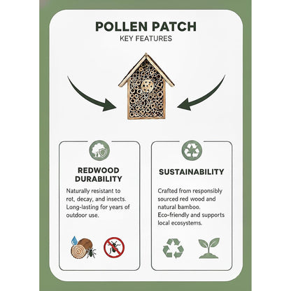 Redwood Mason Bee House - Solitary Bee Hotel & Wooden Pollinator House | Leafcutter Bee Hive with Easy-Hang Jute Rope | Weatherproof Insect Hotel & Outdoor Garden Decor for Pollinators