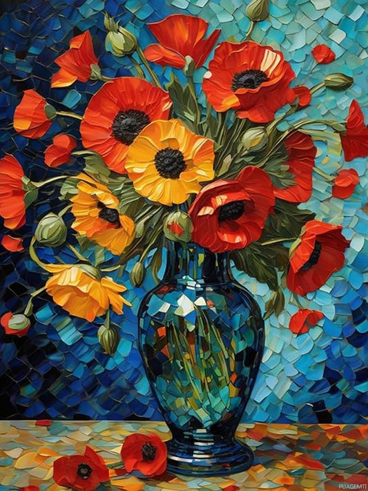 PUAGEMTI Poppies Flower Diamond Painting, Flowers in Vintage Vase 5D Diamond Art Painting Kits Home Wall Decor for Adults Beginners DIY Full Drill 12x16 Inch