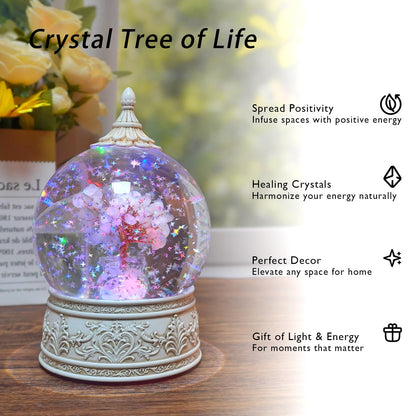 Rose Quartz Healing Crystal Tree Globe with Colorful Lights Sparkling Glitter, Natural Gemstone Base, Spiritual Meditation, Positive Energy Good Luck, Home Decor, Birthday Gifts (Rose Quartz)