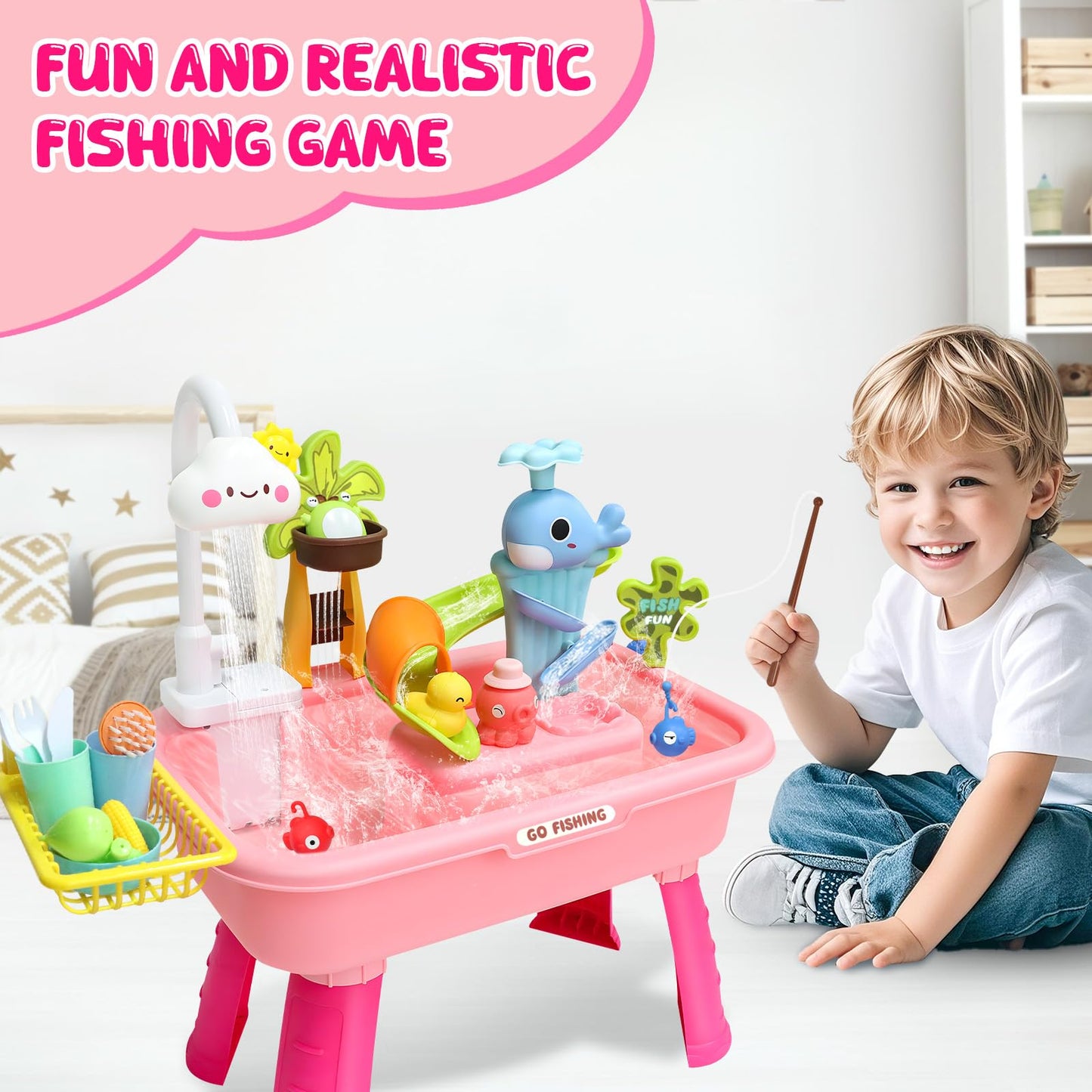 Water Play Table for Toddlers 1-3, Kids Play Sink with Electric Faucet, Outdoor Water Table with Fishing Game, Summer Baby Water Sensory Toy for Toddlers 1-3 Years(Pink)