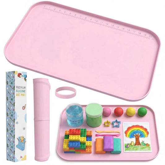 AWOKE 24"x16" Silicone Mats for Crafts with 0.7" High Edges, Large Leak-Proof Art Mat for Playdoh, Resin, Painting, Clay, Slime,Beads, Lego, Puzzle, Non-Stick & Non-Slip Table Protector for Kids, Pink