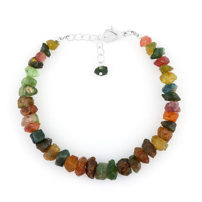 CRYSTALINES Genuine Raw Multi Tourmaline Gemstones Bracelet, Handmade Bohemian Jewelry, Chakra & Healing Crystals, Rough Stones, Adjustable Silver Dainty Chain, Gift for Women (Size-8inch)