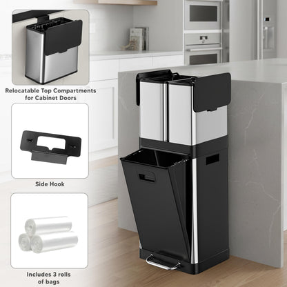 HOLDN’ STORAGE 32L Triple-Compartment Trash & Recycling Bin for Kitchen, 2 Removable Hook-On Bins, Multi-Access Opening, Odor Control, Stainless Steel, 3 Trash Bag Rolls Included