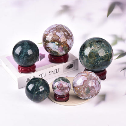 JIC Gem Ocean Jasper Crystal Ball with Wooden Stand Healing Crystal Sphere Ball for Feng Shui Decor Spiritual Gifts 70-80mm