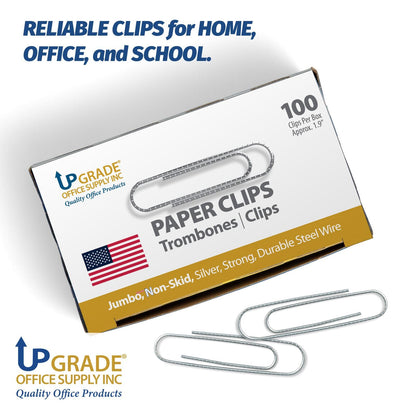Upgrade Office Supply Jumbo Paper Clips, Non Skid, 1.9 Inch, 1000 Count (10 Boxes of 100), Silver, Made in USA