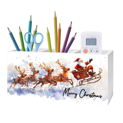 Exqcom Winter Christmas Santa Pen Pencil Holder for Desk, Christmas Office Decor, Snowy Xmas Santa Claus and Reindeer Wooden Box Block Sign for Home Office Desk Tabletop Decoration