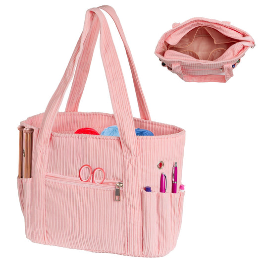 RAORAOYUE Corduroy Yarn Storage Organizer Bag, Knitting Bag Crochet Bag Organizer, Knitting Needles and Accessory, Crochet Travel Bag for Mom Women, Pink