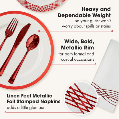 By Madee HEAVYWEIGHT 175 Pc White and Red Disposable Dinnerware Set – Fancy Plastic Plates for Party, Wedding & Bridal Shower (Serves 25)