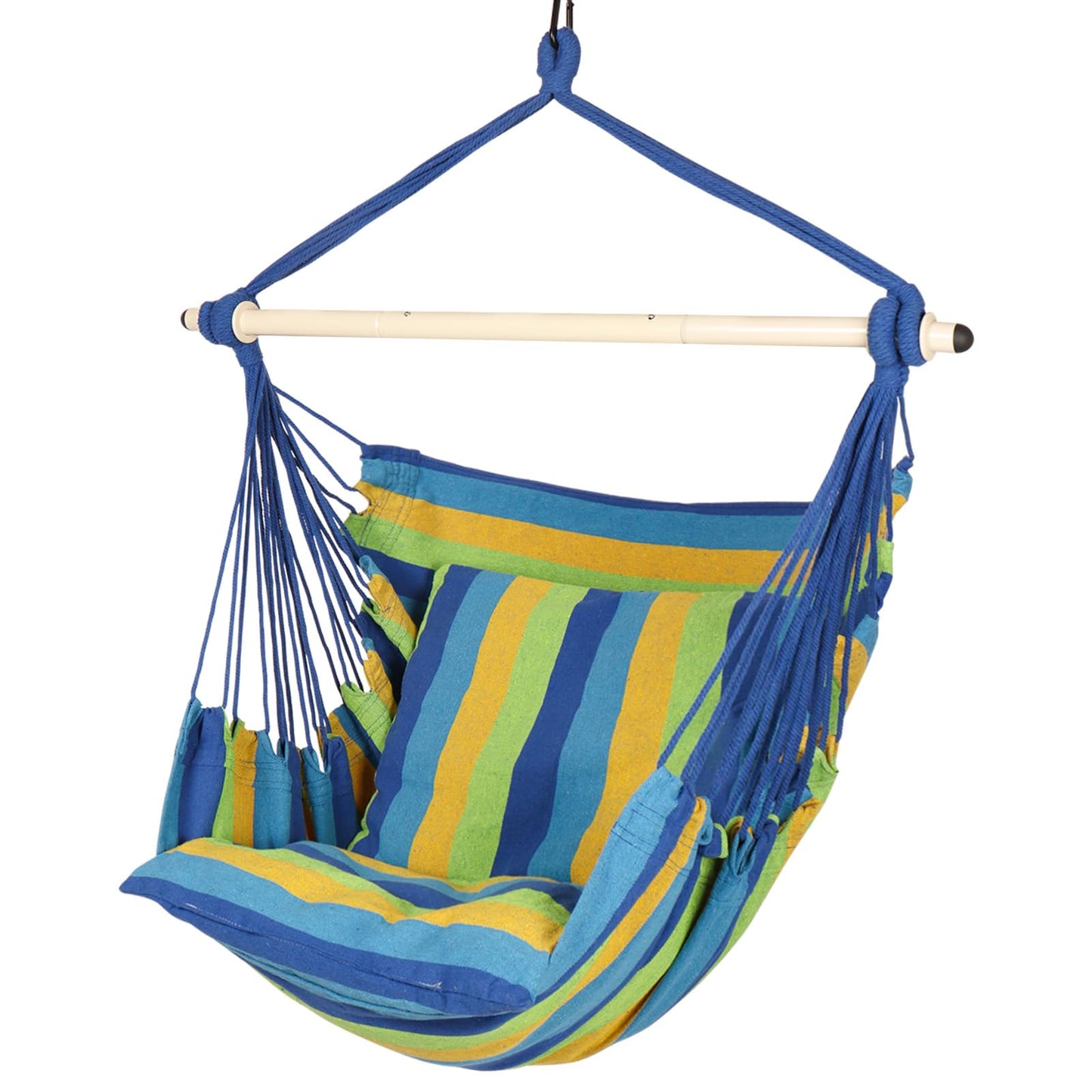 Highwild Hammock Chair Hanging Rope Swing - Max 500 Lbs - 2 Cushions Included - Steel Spreader Bar with Anti-Slip Rings - for Any Indoor or Outdoor Spaces (Blue Striped)