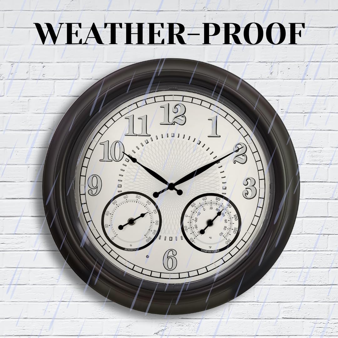 Illuminated Large Outdoor Clock - 18 inch Indoor Outdoor Night Light Wall Clock with Smart LED Sensor, Temperature and Humidity Combo - Weatherproof & Easy to Read for Pool, Patio & Home Decor