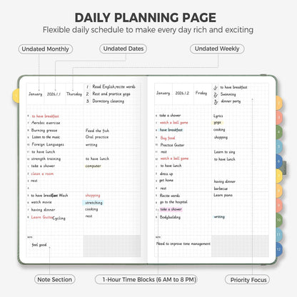 LOAPEM Daily Planner Undated, Appointment Book for Hourly, Daily and Monthly, 365 Days, One Page a Day, Medium Size (5.7" x 8.3"), Leather Hardcover, 12 Self-adhesive Monthly Tabs (Light Green)