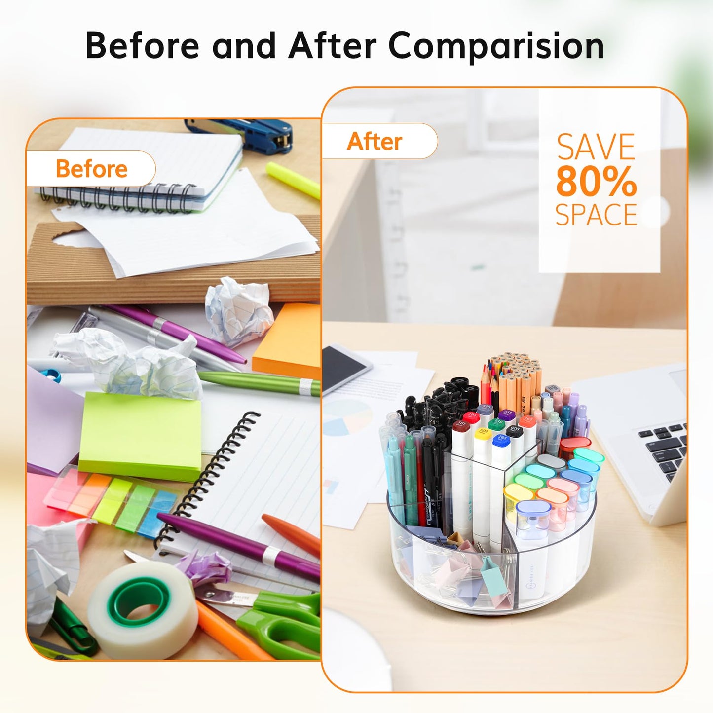 Hiborateed Rotating Pencil Holder for Desk, 5 Slots 360-Degree Spinning Acrylic Pen Holder for Desk, Marker Holder Caddy Art Supply Organizer Pen Organizer for Office Home School