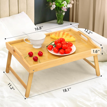 2 Pack Bamboo Bed Tray Table, Folding Legs and Handles, Breakfast Tray, Laptop Desk for Bed or Sofa, Serving Tray for Eating, Working, Reading,Picnic