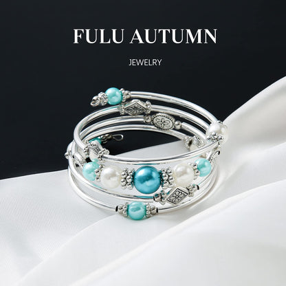 FULU AUTUMN Beaded Pearl Bangle Bracelets for Women Silver Wrap Bangles Bracelet Womens Costume Jewelry Fashion Gift(18-Sea green)