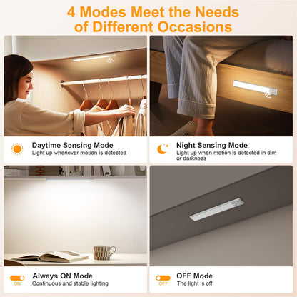 Gritin 10.2inch Under Cabinet Lighting Rechargeable 2 Pack- 3 Color Temps&5 Level Brightness, Super Bright, 4 Modes, Motion Sensor, Long Lasting - Easy Installation Magnetic Under Closet Lights