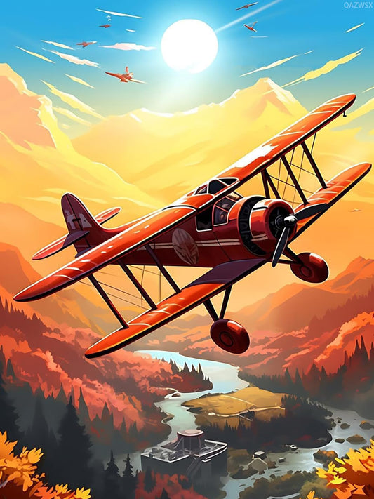 Airplane Diamond Painting Kits, Vintage Biplane Soaring Over Mountains 5D Diamond Art Kit, Airplane Enthusiast Diamond Painting Kit, Full Drill Painting with Diamonds Arts Home Wall Decor 12x16 inch