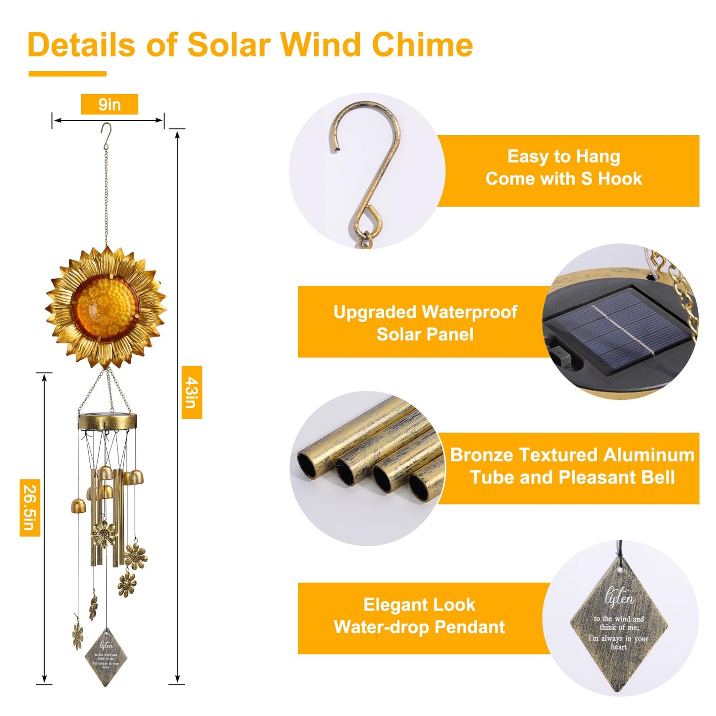 LOVERUIS Sunflower Solar Wind Chimes-Solar Lights Outdoor with Wind Chimes, Sunflower Gifts for Women Mom Grandma, Garden Decor for Patio Yard Pathway, Hanging Solar Lantern Wind Chimes