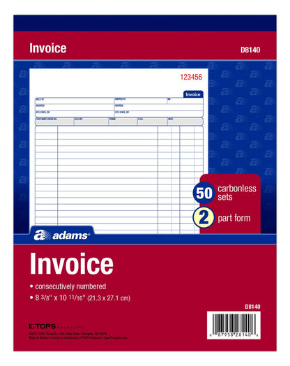 Adams Invoice Book, 8-3/8 x 10-11/16 Inches, 2-Part, Carbonless, White/Canary, 50 Sets per Book (D8140)