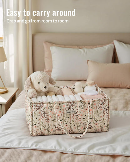 Blissful Diary Floral Diaper Caddy Organizer, Stylish Nursery Storage Basket, Diaper Bag,Gift for Baby Shower, Baby Registry Must Have, Newborn Essentials, Pastoral Daisy