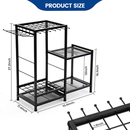 Garden Tool Organizer with 2-Tier Steel Shelves, Holds 50 Long-Handled Tools/Rakes/Brooms/Shovles for Garage Organization and Storage, Shed, Outdoor, Lawn, Heavy-Duty Steel, Black, Easy Assembly